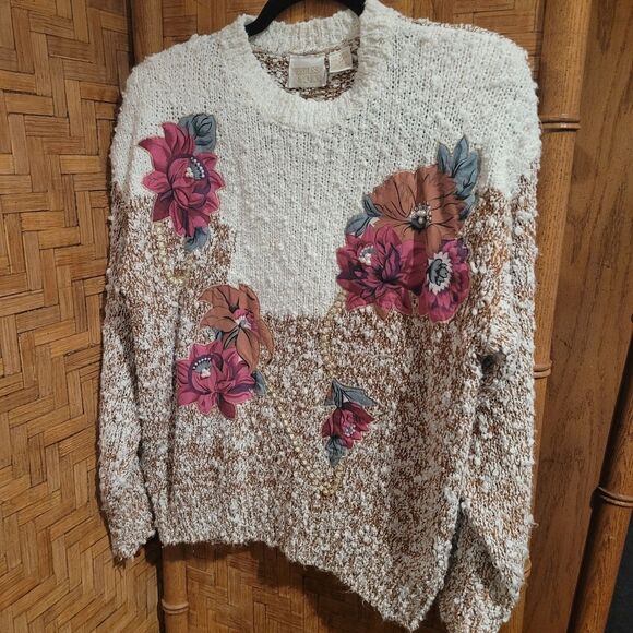 needle & yarn Cream Brown Mauve Burgundy Marled Cottage knitted sweater flower M - Picture 6 of 7